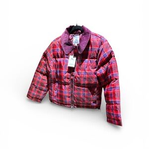 Women's Plaid Puffer Jacket - Red and Purple